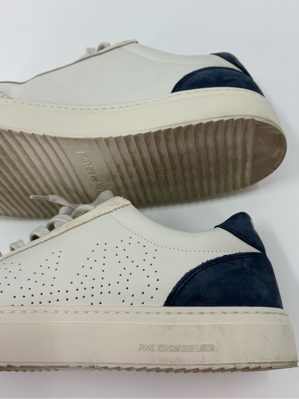 P448 Soho White & Navy Leather Suede Low Top Sneakers Size 44 - Picture 9 of 10